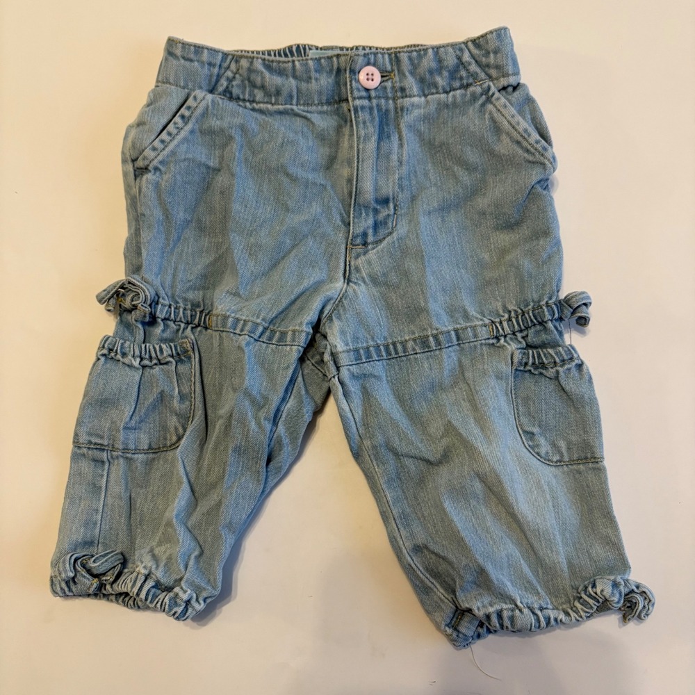 Old Navy Baby Girls 2T Blue Denim Cargo Pants Pink Button Bow Detail Y2K Style